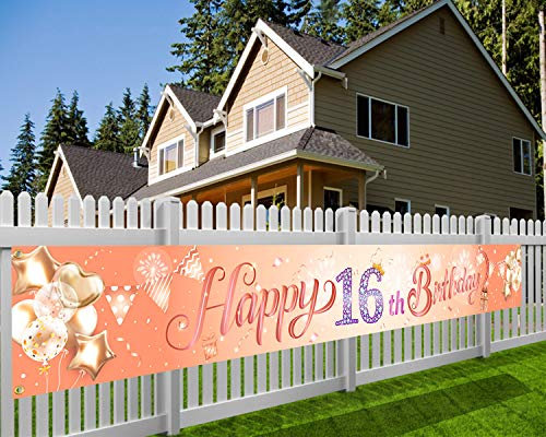 HOWAF Extra Lange Banner für 16. Geburtstag Dekoration Rose Gold, 16. Geburtstag Stoff Photo Booth Hintergrund für Mädchen 16 Geburtstag Deko Garten Tisch Mauer, 9 * 1.2 Füße