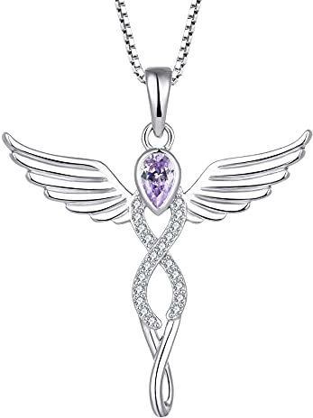 FJ Engelsflügel Kette Damen 925 Sterling Silber Schutzengel Anhänger Halskette Infinity Unendlichkeit Kette Alexandrit Juni Geburtsstein Kette Schmuck Geschenke für Frauen Mädchen