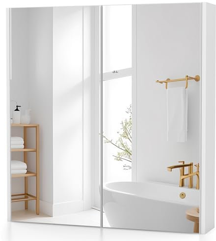 COSTWAY Bathroom Mirror Cabinet, Wall Mounted Storage Cupboard with Shelf, Home Kitchen Living Room Display Organiser Unit (Double Door, White)