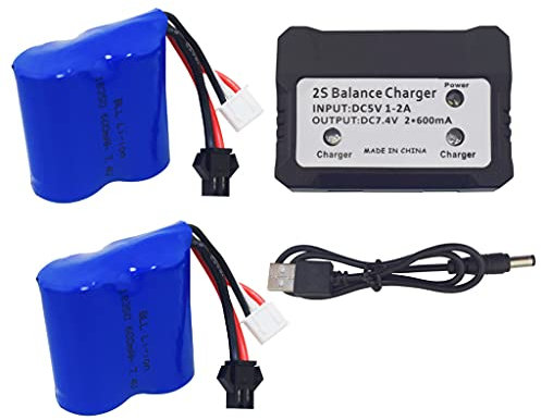 2PCS 7.4V 600mah Lithiumbatterie mit 2 in 1 Ladegerät für SYMA Q2 Q3 Skytech H100 H102 H106 H120 Hochgeschwindigkeits-Fernbedienungsboot Ersatzschiff-Modell Lithiumakku