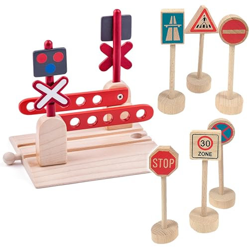 Set: Holz - Bahnübergang/Schranke + 6 Verkehrszeichen - Ampel & Andreaskreuz - Kreuzung - für Eisenbahn/Holzeisenbahn - passend für alle Schienen-Systeme ..