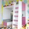 Marlux-Meble Hochbett JSM-7 90x200 TREPPE RECHTS mit Schreibtisch Schränke und Ausklappbares Sofa 70x180 Matt Funktionsbett Etagenbett Stockbett Kinderhochbett Jugendhochbett (Rosa Matt)
