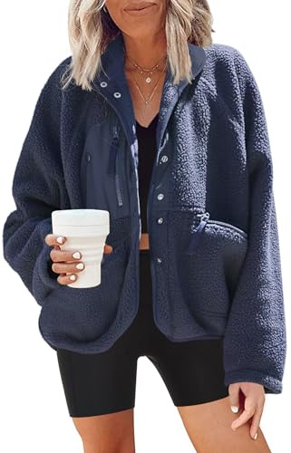 Nirovien Sherpa Jacket Women Fleece Jacket Button Down Jacket with Pockets Fuzzy Coat Teddy Bear Jacket(Navy,M)