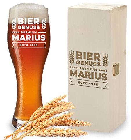 Holzkiste + Bierglas mit Wunschgravur - Motiv: Biergenuss - personalisiert - 1x Holzbox - 1x Weizenbierglas 500 ml - Pils, Weißbier - Geburtstag, Vatertag - DIY Geschenk - Papa, Dad