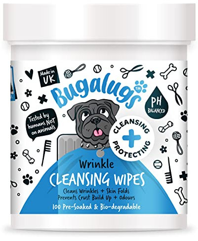 BUGALUGS Wrinkle Dog Wipes for pawly skin - 100 Biodegradable dog grooming pet wipes. Use as Dog ear wipes, dog eye wipes, dog face wipes, Paw & Bum wipes for puppy, dogs & cat grooming