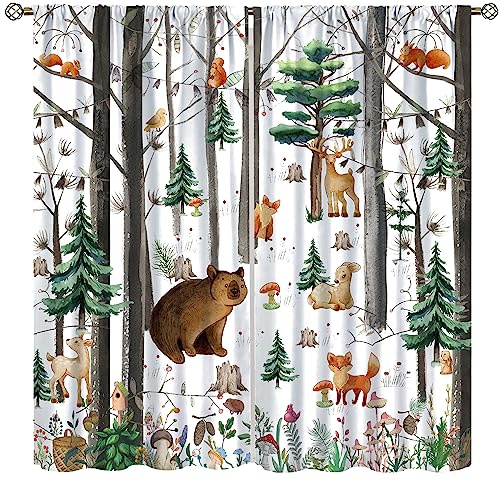 YCness Vorhänge für Kinder, Wald, Tier, Fuchs, Elch, Bär, Aquarelldruck, Vorhänge für Kinderzimmer, Schlafzimmer, Wohnzimmer, rustikale Wildtier-Fenstervorhänge, 2-teiliges Set, 106 x 114 cm