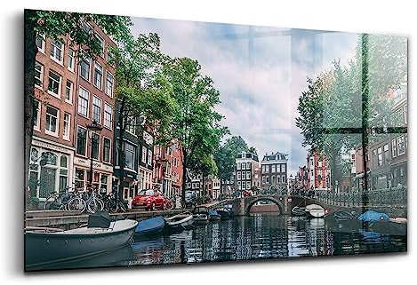 Wallfluent Wohnzimmerdekoration 100x50 cm Wanddekoration Glas Küche Glasbild - Kanal im Zentrum von Amsterdam