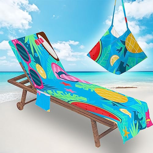 FANSU Schonbezug Für Gartenliege Frottee Liegenauflage Liegestuhl Handtuch mit Taschen Strand Strandliegenauflage Weich Strandtuch für Reisen Schwimmen (75x210cm,Tropische Frucht)