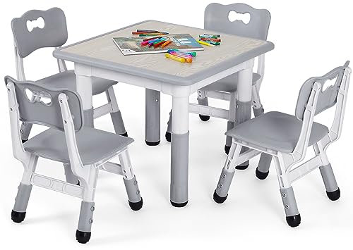 MAMIZO Kindertisch mit 4 Stühlen, Kindersitzgruppe Höhenverstellbar, Tisch Stuhl Set für Kinderzimmer, Plastik Kindermöbel, Sitzgruppe für Jungen Mädchen ab 2 Jahre(Grau, Quadratischen Tisch