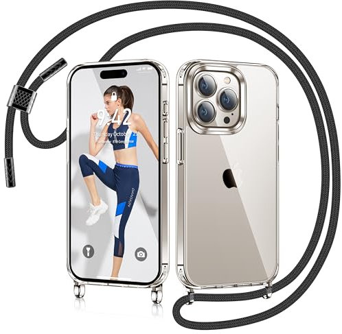 AROYI Handykette Kompatibel mit iPhone 15 Pro Hülle mit Band, Transparent Silikon Handyhülle für iPhone 15 Pro mit Kette Necklace zum Umhängeband Abnehmbar Stossfest Schutzhülle Case, Schwarz