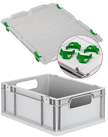 Eurobox NextGen Economy 40x30x17cm Griffe offen mit Auflagedeckel grau, Kunststoffkiste 16 Liter stapelbar Transportbox lebensmittelecht, Farbe Deckel-Verschlüsse wählbar (Verschlüsse Grün)