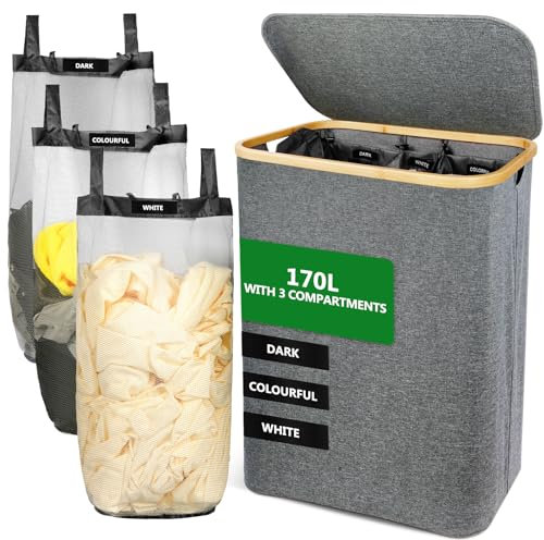 SOUTHGATE 170L Wäschekorb 3 Fächer mit Deckel, Faltbare Wäschesammler mit herausnehmbaren Wäschesack, XXL Wäschesortierer, Laundry Basket 3 Compartments, Wäschebox, Wäschetonne, Wasserdicht, Grau