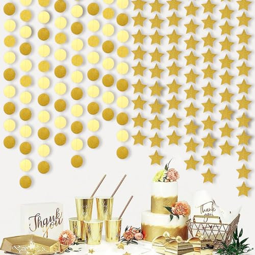 NINGYER 8 Stücke Girlande Deko, Reflective Hängend Papiergirlande, 4 Stern Deko + 4 Runde Kreis Banner, Girlande Gold für Babyparty, Geburtstag, Hochzeit, Graduierung, Jahrestag und Weihnachten Party