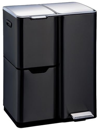Poubelle de cuisine à pédale tri sélectif recyclage 60L(13+17+30L) HAJA en acier Inox Noir avec seau