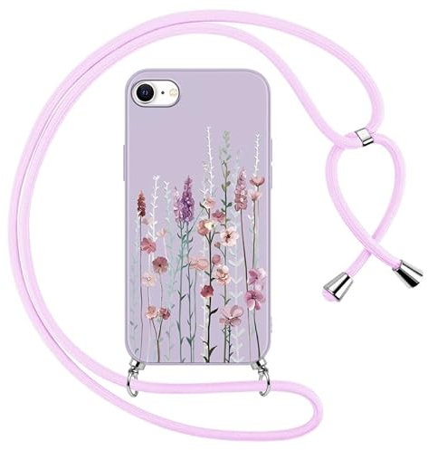 Foonary Handyband Hülle mit Band für iPhone 7 Plus/8 Plus 5,5 Handyhülle, Blumen Lavendel Design Kette Necklace Case mit Kordel zum Umhängen Silikon Cover Schnur für iPhone 7 Plus/iPhone 8 Plus