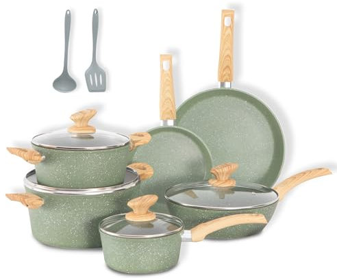 DishDelight Juego de ollas y sartenes de inducción antiadherentes, 12 piezas antiadherentes de granito de inducción, utensilios de cocina de inducción, sartenes y cacerolas, juego de cocina de granito