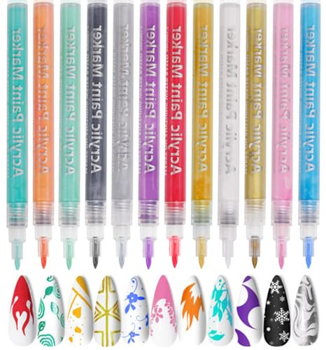 Xumann 12 Colors Nail Art Pens for Gel Polish, Quick Dry Fine Tips Nail Art Pen