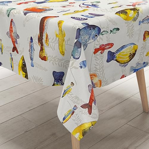 KEVKUS Wachstuch Tischdecke C141721 Fische maritim Meer wählbar in eckig, rund und oval - Größe eckig 120x120cm mit Paspelband