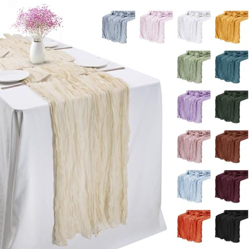LEREATI Käsetuch Tischläufer Beige 90 x 400cm Chiffon Tischläufer Musselin Tischdecke Modern Abwaschbar Boho Tischläufer für Geburtstag, Hochzeit, Frühling, Küche Tischdeko