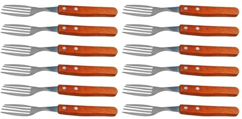 Acan Tradineur - Pack de 12 Tenedores chuleteros de Acero Inoxidable, Mango de Madera, Cubiertos clásicos para Carne, Aptos para lavavajillas - 20,5 cm