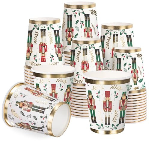 WRAPAHOLIC 50 Pcs Christmas Paper Cups - 9 oz Nutcracker and Leaves Disposable Cups, Holiday Party Supplies for Juice Coffee Hot Cold Beverage Drink