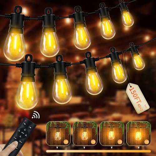 Pogestrand 45M/150FT LED Lichterkette Außen mit Fernsteuerung, S14 Outdoor Lichterkette mit 45+2 IP65 Wasserdicht Lichterkette Glühbirnen, Garten für Terrasse Balkon Hof, Warmweiß 2700K