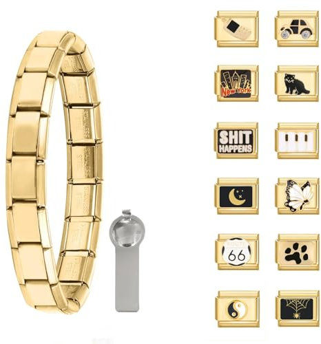 Greenyre 14PCS Italian charm bracelet set gold Italian Charms Armband mit Öffnungswerkzeugen 9 mm Abnehmbarer Modul Klassischer Vintage Italian Style Charms für Damen