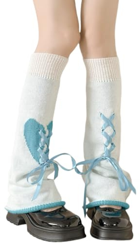 LOITHGU Kawaii-benvärmare för kvinnor, Y2k, Lolita, Love & Stars-mönster, söta stickade långbenstrumpor, Harajuku tillbehör, Blå-hjärta, one size