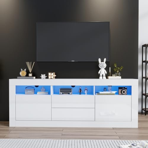 KOMHTOM Meuble TV 160 cm Longueur Blanc avec LED et Rangement Table Television Salon avec Deux tiroirs et Portes Meuble de Salon Moderne (Blanc, 160 x 35 x 60 cm)