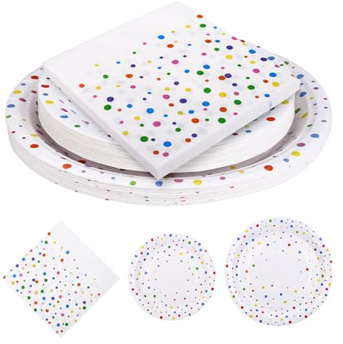 GWHOLE 72 Stück Pappteller Partygeschirr Set Weiß mit Bunt Gepunktete Partyteller Papier Teller Geschirr zum Geburtstag, Hochzeiten, Jubiläums, Abschlussfeier, Valentinstag, Einweihungsfeier
