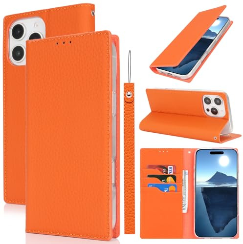 Cavor Phone Case Compatible for iPhone 16 Pro Case,Genuine Leather Flip Wallet Case,[3 Card Holders][Magnetic][RFID-Blocking][Lanyard] Protective Case Cover Compatible for iPhone 16 Pro - Orange