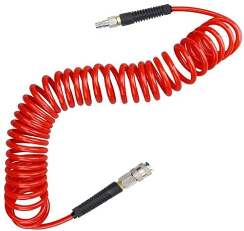 Air Compressor Hose,Air Line Hose, Pu Coiled 7.5m Long 6mm ID x 9.5mm OD with Bend Restrictor, 1/4 Europe Quick Coupler and Bend Restrictors