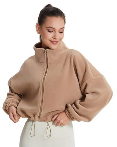 ZSWXF Fleecejacke Damen Cropped Ohne Kapuze Kordelzug Sweatjacke Stehkragen Sherpa Jacke Zip Up Fleece-Innenfutter Winterjacke Kurz Casual Warm Sweatshirt Einfarbig Crop Coat,Beige,L