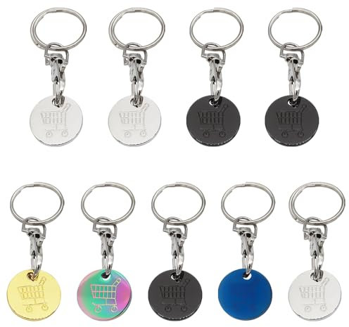 TRKETK Einkaufswagenchip aus Edelstahl, Einkaufsmünze, Einkaufsmünze, Einkaufswagen, Münze, Schlüsselanhänger, UK-Set, Trolley-Marken für Supermarkt, abnehmbarer Einkaufs-Schlüsselanhänger (5 Farben)