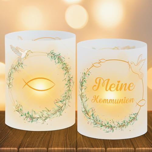12 Windlicht Tischdeko Kommunion, Meine Kommunion Deko Junge Mädchen, Fisch um Eukalyptus Deko, Erstkommunion Deko Geeignet für Teelichter oder Kerzen