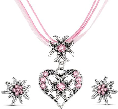 jatimdotin Schmuck Set, Herzkette und Ohrringe, Trachtenschmuck Set Bayerisch Dirndlschmuck Strass Edelweiß Herz Anhänger und Edelweiß Ohrstecker, Schmuck Set für Ethnische Festival Accessoires