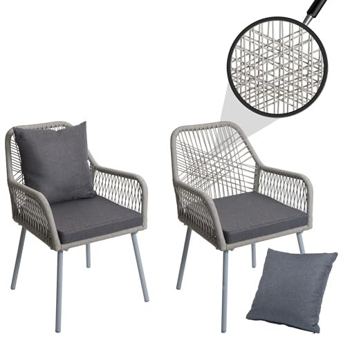 Mendler 2er-Set Gartenstuhl HWC-O12, Outdoor Sitz-/Rückenpolster Aluminium Seilgeflecht Rope - grau, Bezug dunkelgrau