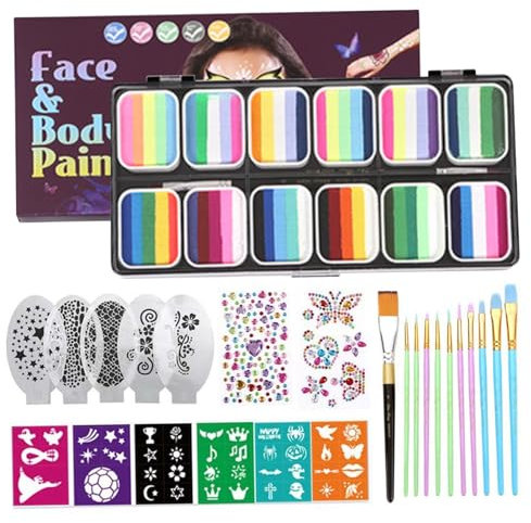 Schminken -Kit, 12 Split Cake Palettes Facepaint Make -up -Kit mit Schablonen -Pinselaufklebern, Regenbogen ungiftiger Gesichtsfarbe Körperfarbe für Kinder Erwachsene,