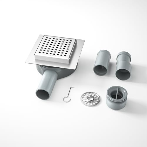 Bernkot Duschrinne Quadrat Edelstahl, 10×10cm Bodenablauf Dusche mit 360° Siphon Geruchsstop und Haarfilter,2 Ablaufadapter DN50 DN40 Duschablauf Flach Ablaufrinne, Silber
