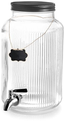 Lacor - 61948 - Jarra dispensadora, Grifo, Tapa cierre hermético, Incluye cartel y tizas, Ideal para bebidas frías, Cristal, Acero inoxidable 18/10, Boca ancha Ø11,5 cm, Color negro, 5,5 Litros