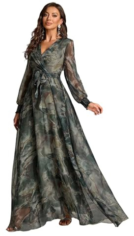 Damen-Sommerkleider, Blumenmuster, Vintage, elegant, Cocktailkleid, langärmelig, Boho, lässig, Maxi, Hochzeitsgästekleider für Damen, Armygreen-1420, Groß