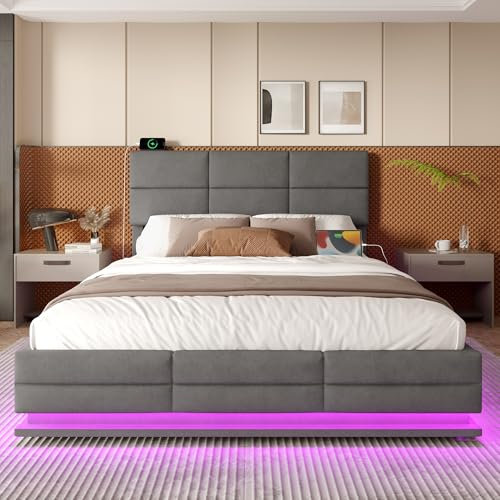 OKimmy Polsterbett Doppelbett 180x200cm, mit LED-Beleuchtung, Zweiseitige USB/Type-C-Ladefunktion, hydraulischem Stauraum, Bettgestell mit verstellbarem Kopfteil, mit Lattenrost Ohne Matratze, Grau