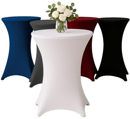 Stehtischhusse für Bistrotisch mit 4 verstärkten Fußlaschen elastisch Stretch OEKO-TEX zertifiziert Ø 60-65x110-120 cm Weiss (1 Stück)
