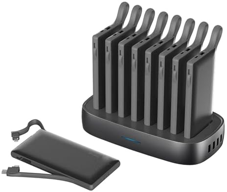 Domars Charging Station with 8x10000mAh Portable Power Banks,Portable Charger,Customisable With Your Own Logo,4-Port USB Fast Charging Hub,Built-in Cables for Mobile Phones,Laptops,Bluetooth (black)