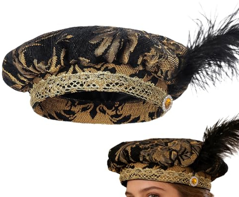 Mittelalterliche Baskenmütze, Tudor-Stil, gefiedert, Renaissance-Hut, Muffin-Silhouette, Kostüm-Accessoire, handgefertigte Textur, Periode, Flair, Kopfbedeckung, historischer Look, leichtes Design