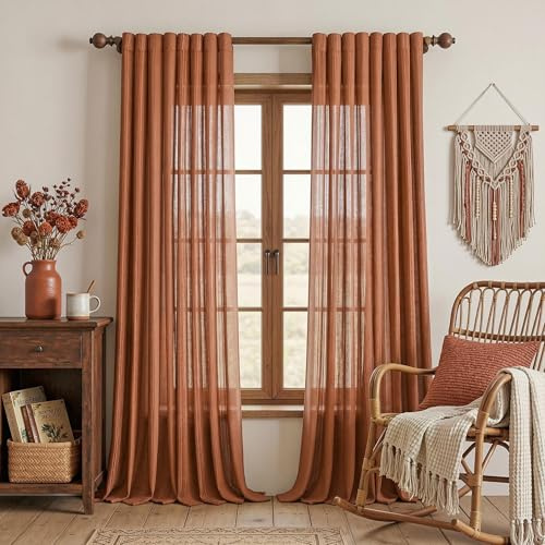 Terracotta Gardinen Herbst Boho Ösen Leinen-Vorhänge Vintage Web-Löchern Makramee Häkelgardine für Küche Wohnzimmer Modern Schlafzimmer Halbtransparent Landhaus Orange Curtain 140x260cm 2PC