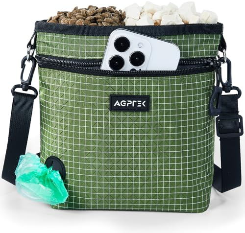 AGPTEK godisväska för hundar, foderpåse hund med bajspåsdispenser för upphängning, handsfree hundar godisväska med lås, praktisk Gassi väska hund för hundträning, grön