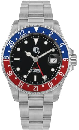 watchdives Montre GMT pour Homme WD0014, Montre de plongée à Deux fuseaux horaires, NH34, Montre-Bracelet Automatique Vintage, 40 mm, Lunette en Aluminium