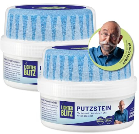 LICHTERBLITZ Putzstein 2x - 3-in-1 Universalstein, Ceranfeldreiniger, reinigt, poliert & schützt | entfernt Eingebranntes | mit Abperlwirkung | für Metall, Keramik, Kunststoff, inkl. Spezial-Schwamm
