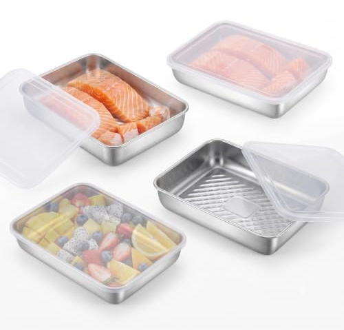 Yuragim Aufschnittbox Fresh 4er Set, Edelstahl Lebensmittel Aufbewahrungsbox mit transparentem Deckel, Wurst Käse Fleisch Aufbewahrung, Stapelbare Frischhaltedosen für Kühlschrank Gefrierschrank